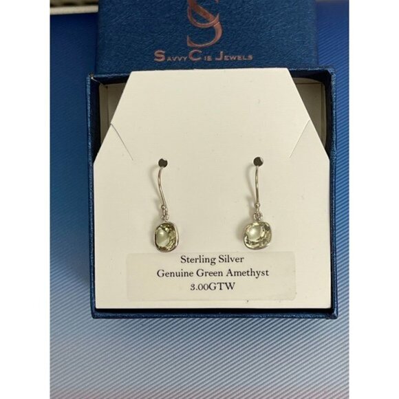 Savvy Cie Jewels Sterling Silver Green Amethyst Cut Bezel Stone Drop Earrings - Picture 2 of 4
